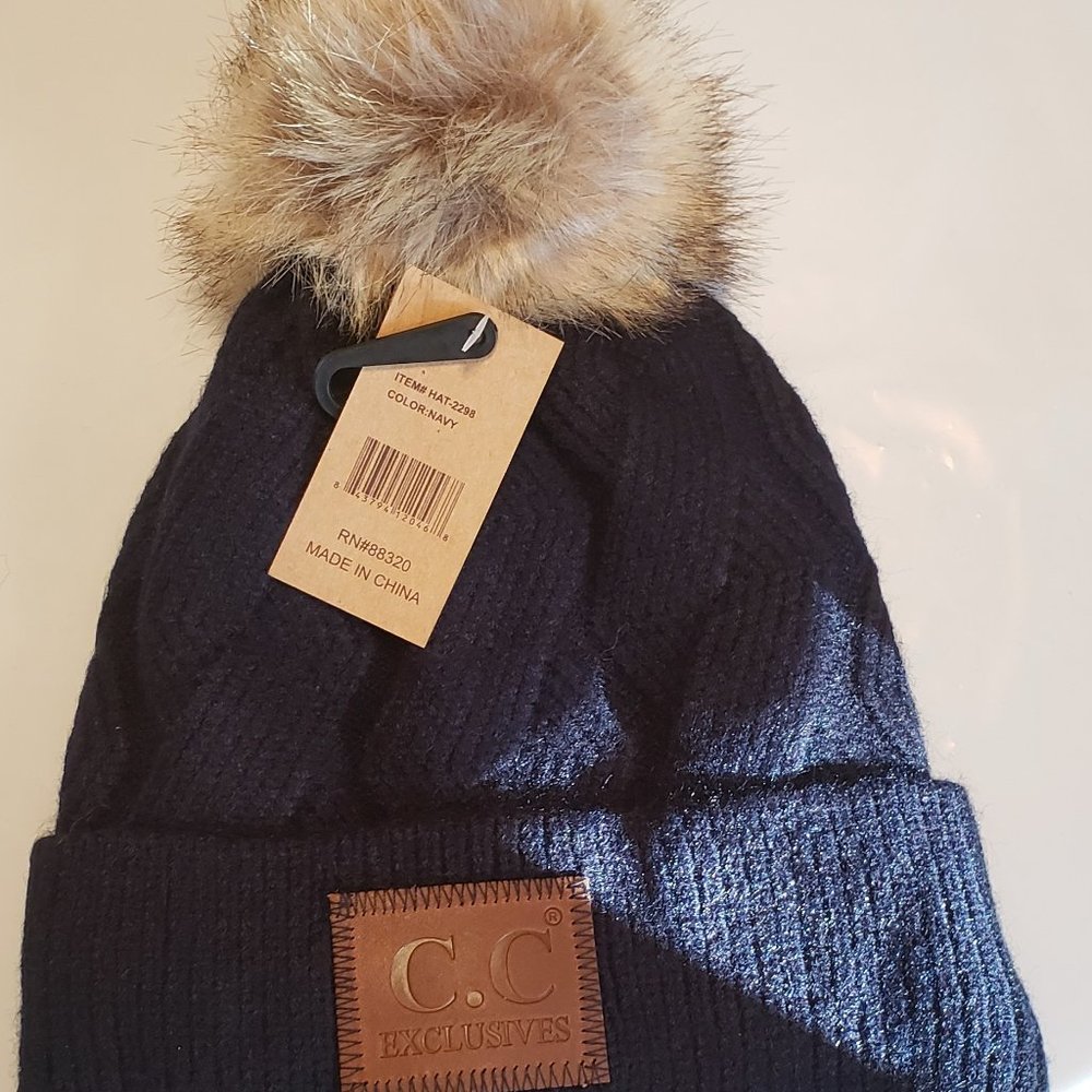 Navy Blue Geometric Design Beanie w/ Pom